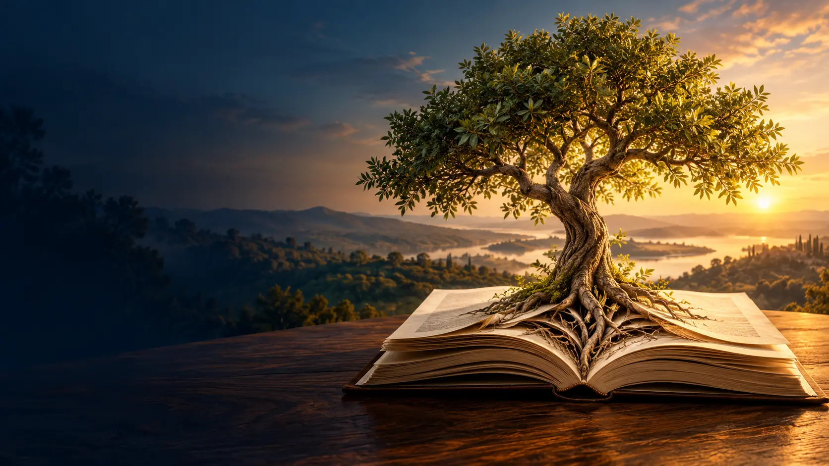 A tree growing from the pages of an open book at sunrise