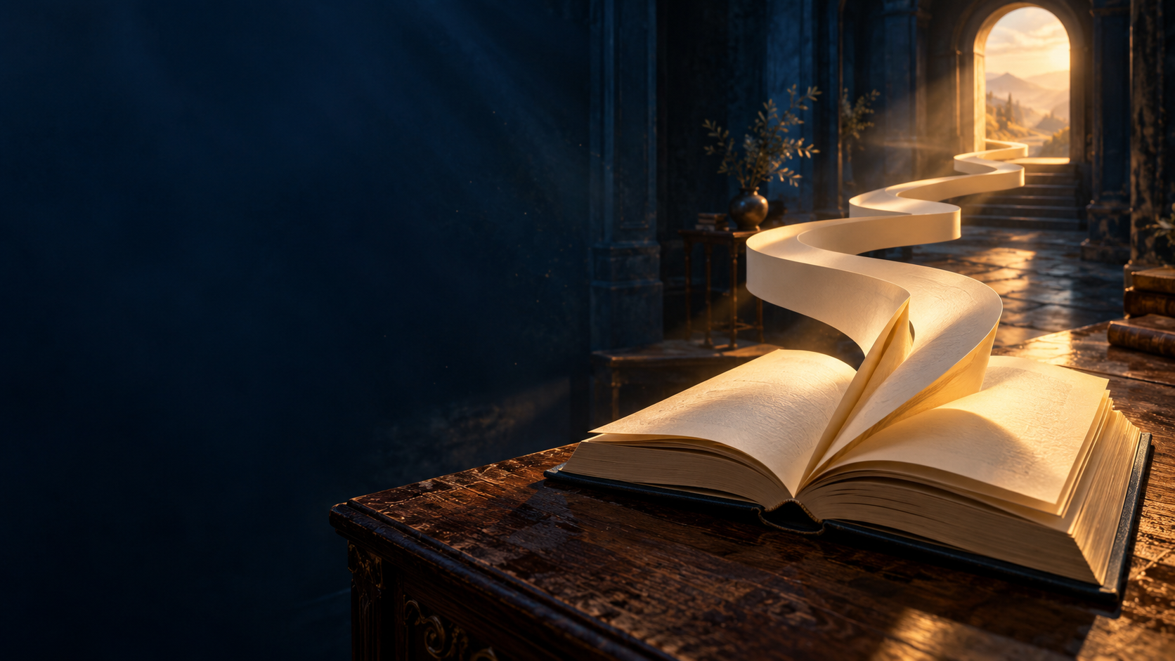 An open book whose page unfurls into a glowing path toward a sunlit doorway
